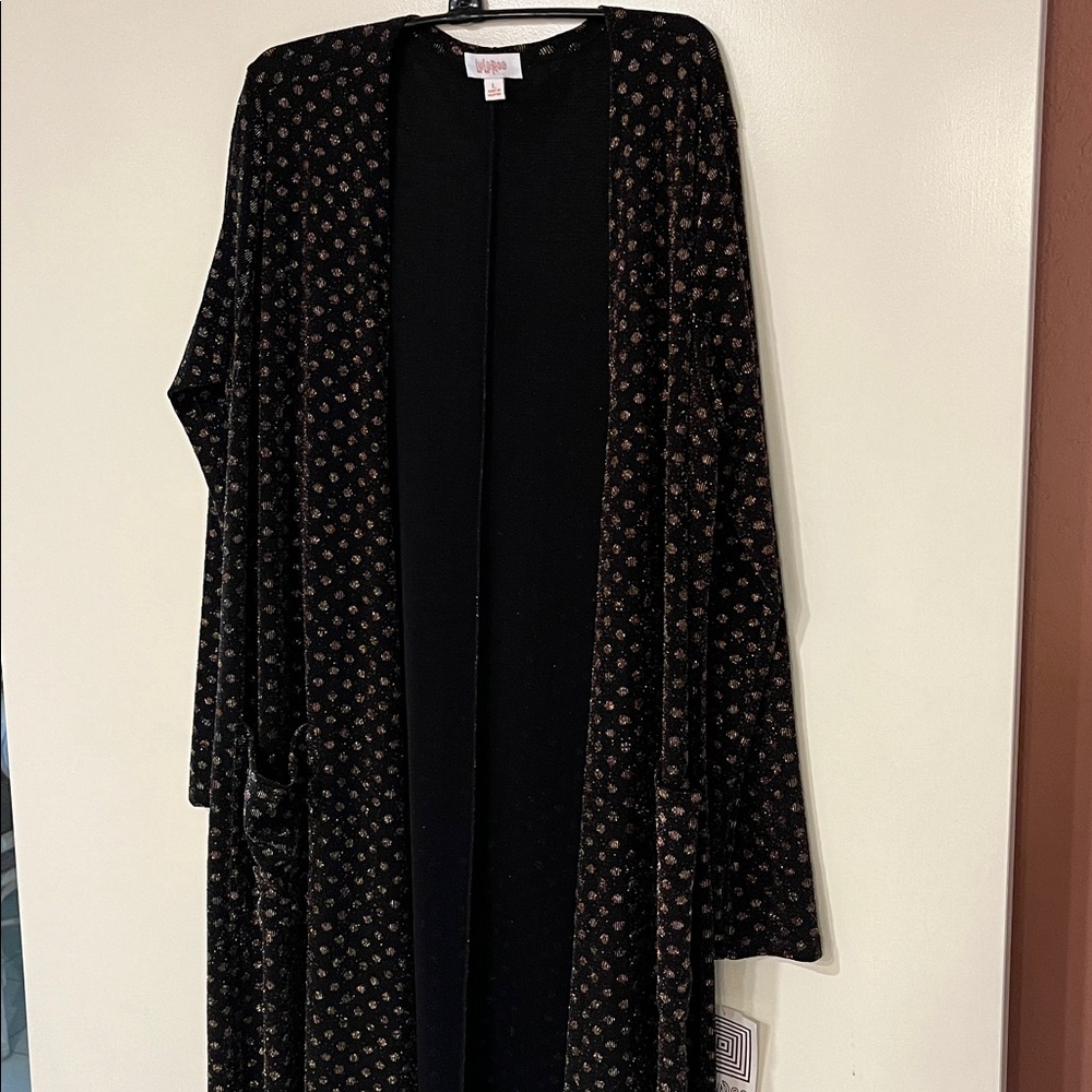 LuLaRoe Sarah Long Sleeve Midi Length Elegant Black and Gold Women's Cardigan
